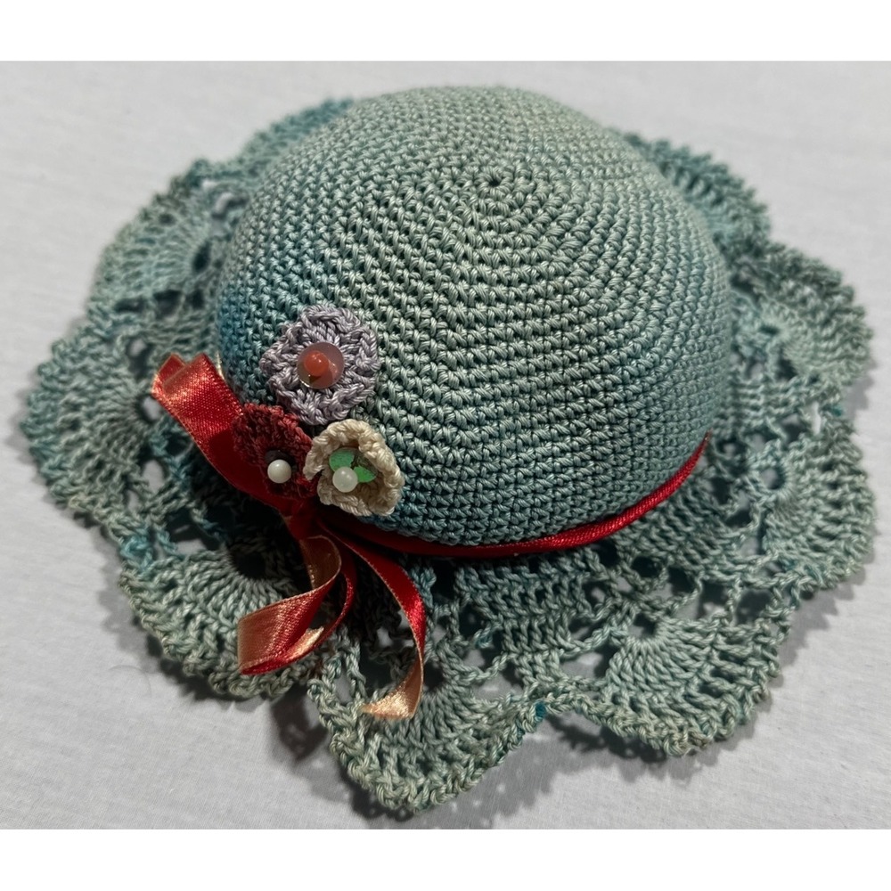 Vintage Handmade Crocheted Lady Hat Pincushion Lace Flowers Sewing Decor